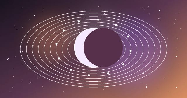 Lune décroissante abstraite et dégradés ambre-violet pour la phase libération
